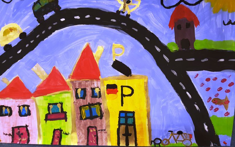 Gemälde mit einer Straße und Häusern